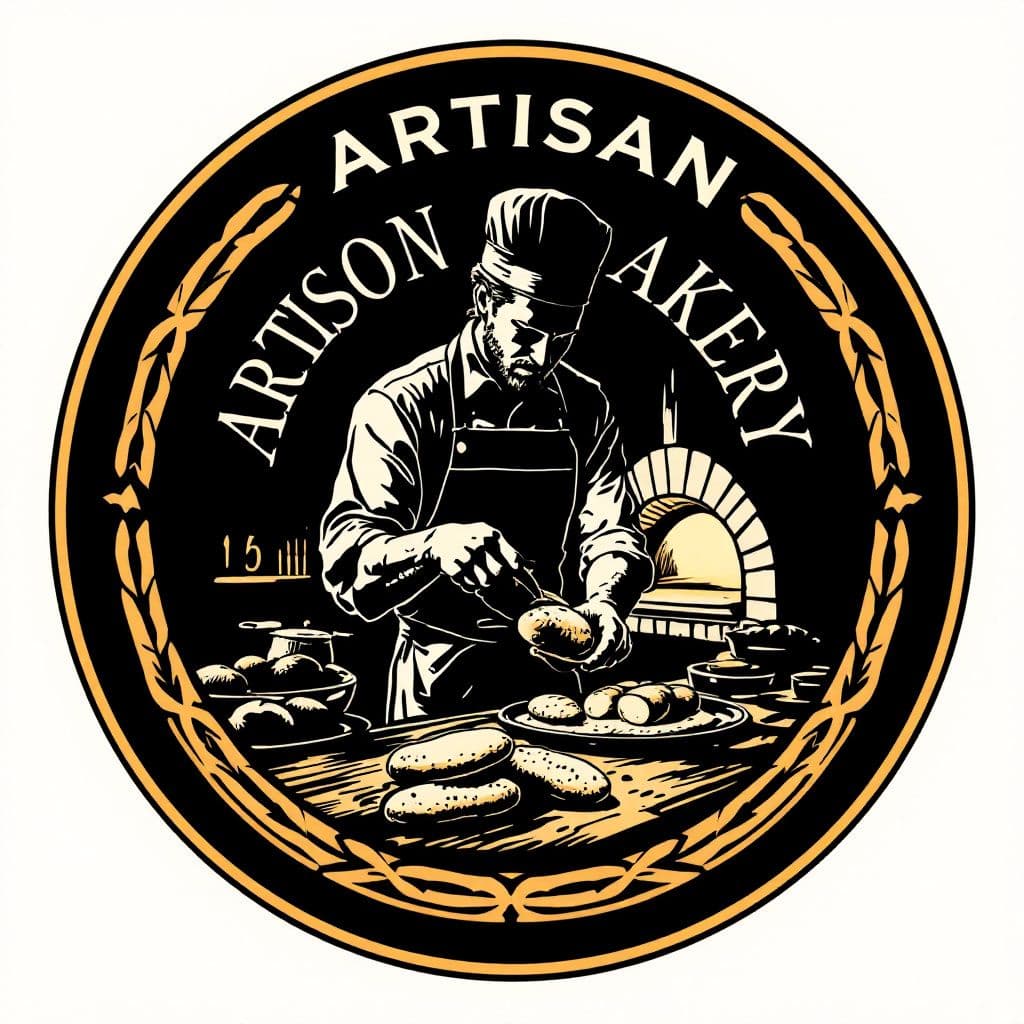 AI generated: CIRCULAR logo of an artisan bakery, in black and gold, where the silhouette of a baker KNEADING BREA...