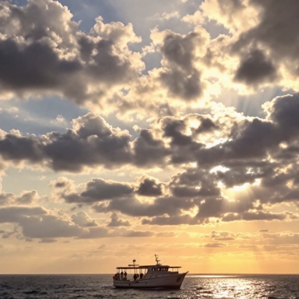 AI generated: Fondo atardecer, muy soleado, en el centro gran velero de 2 palos
