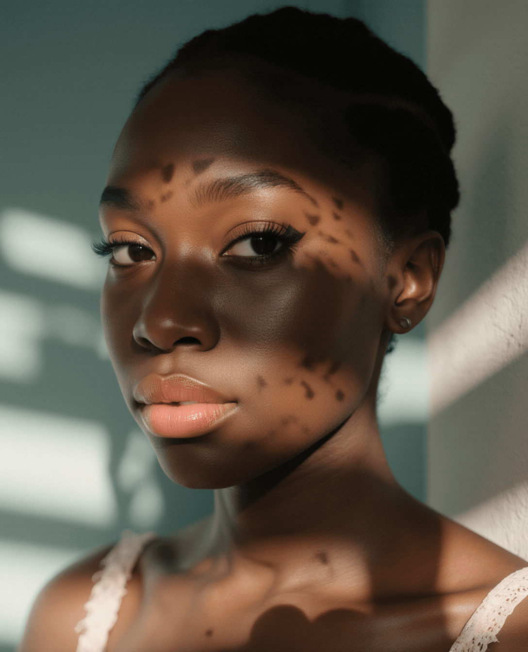 AI generated: Close-up portrait of a dark skinned woman illuminated by soft, warm afternoon light streaming throug...