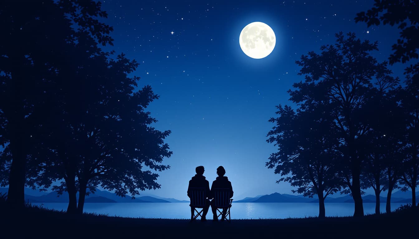 AI generated: anime styles a silhouette couples sit down in chairs  in the middle of quite public park under the m...