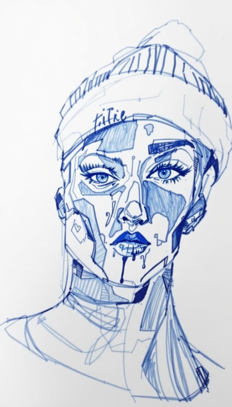 AI generated: girl, blue pen drawing, sketch