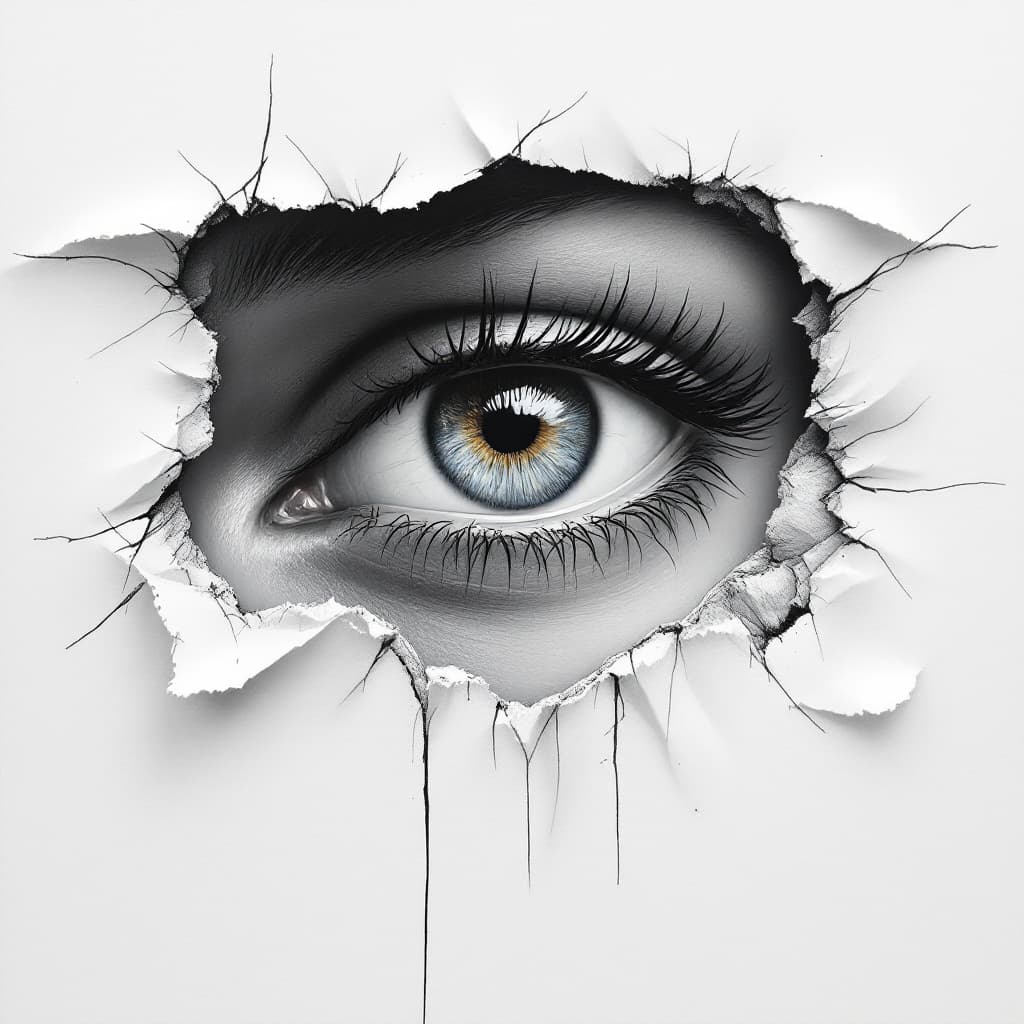 AI generated: Create a hyperrealistic oil painting on a clean white canvas, featuring an eye peeking through a rip...