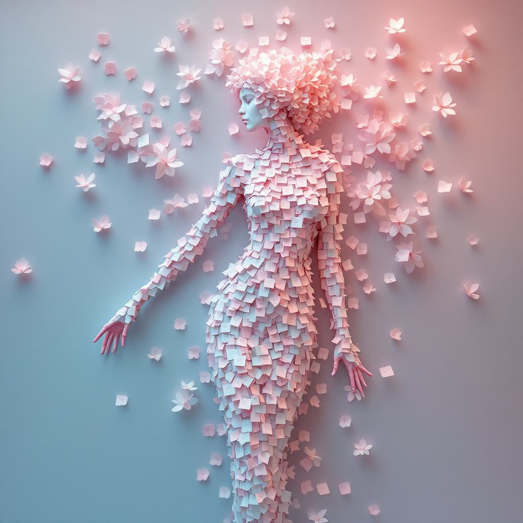 AI generated:  Ethereal woman composed of intricately placed post-it notes , her slender form radiating a delicate...
