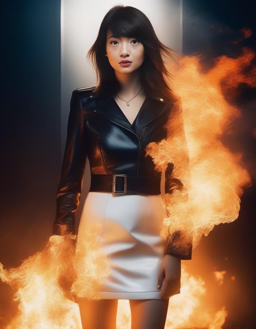 AI generated: someone burning wearing a leather dress and white socks, in the style of postmodern photography, kar...