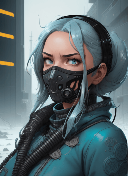 AI generated: highly detailed portrait of wasteland wavy blue hair metalic frost cyber ninja mask thin lady, stray...