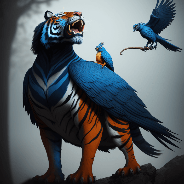 AI generated: front shot of (Mr. Beast) with the (blue (Tiger) bird) on his back,  8k, hyperrealistic, highly deta...