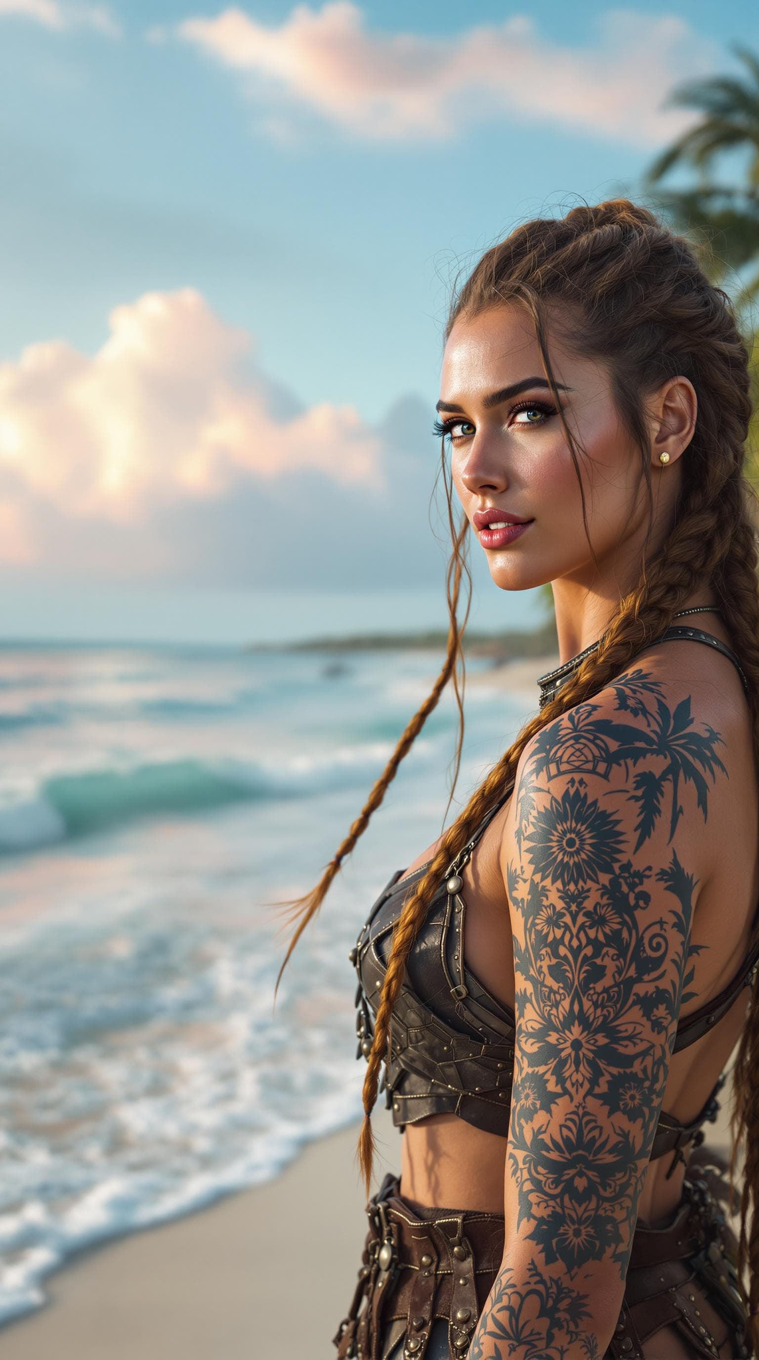AI generated: photo realistic a full shot close up of a beautiful viking woman taking a walk on the beach with her...