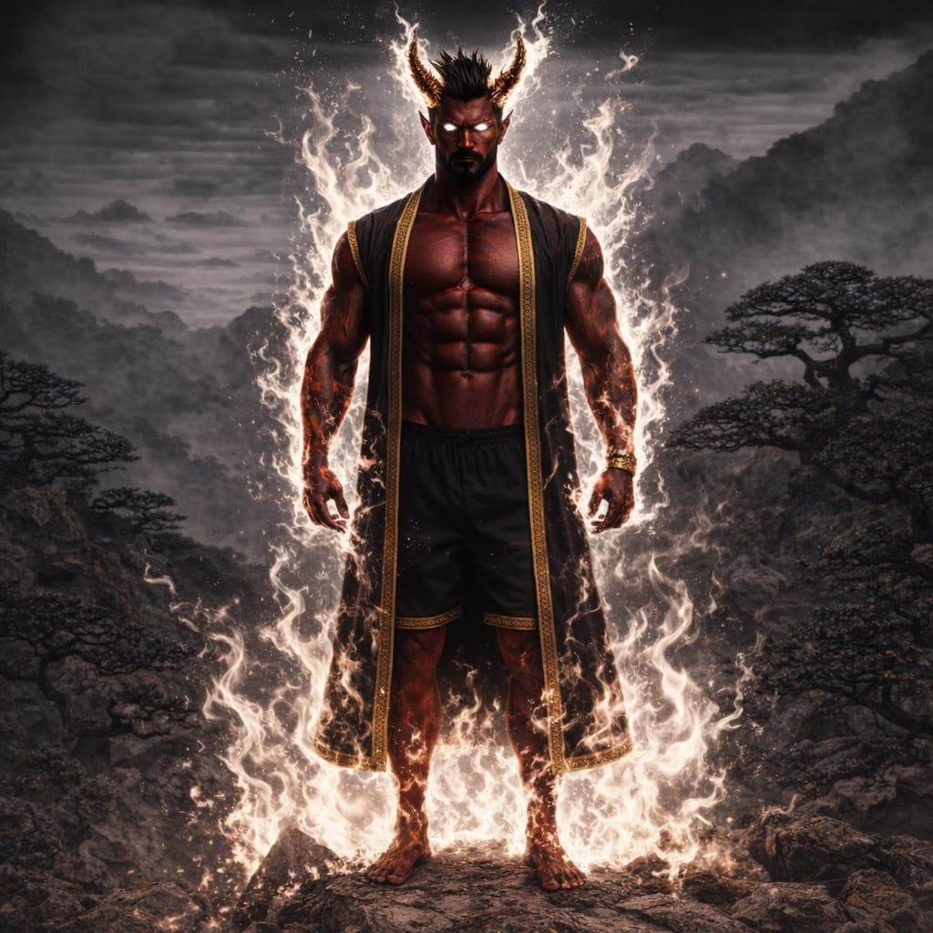 AI generated: Create a demonic version of this man keeping most of the original features using white flames 