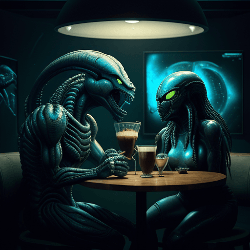 AI generated: Coffee Shop in Space, a Predator from movie Predator (1987) drinking coffee with an Alien from monie...
