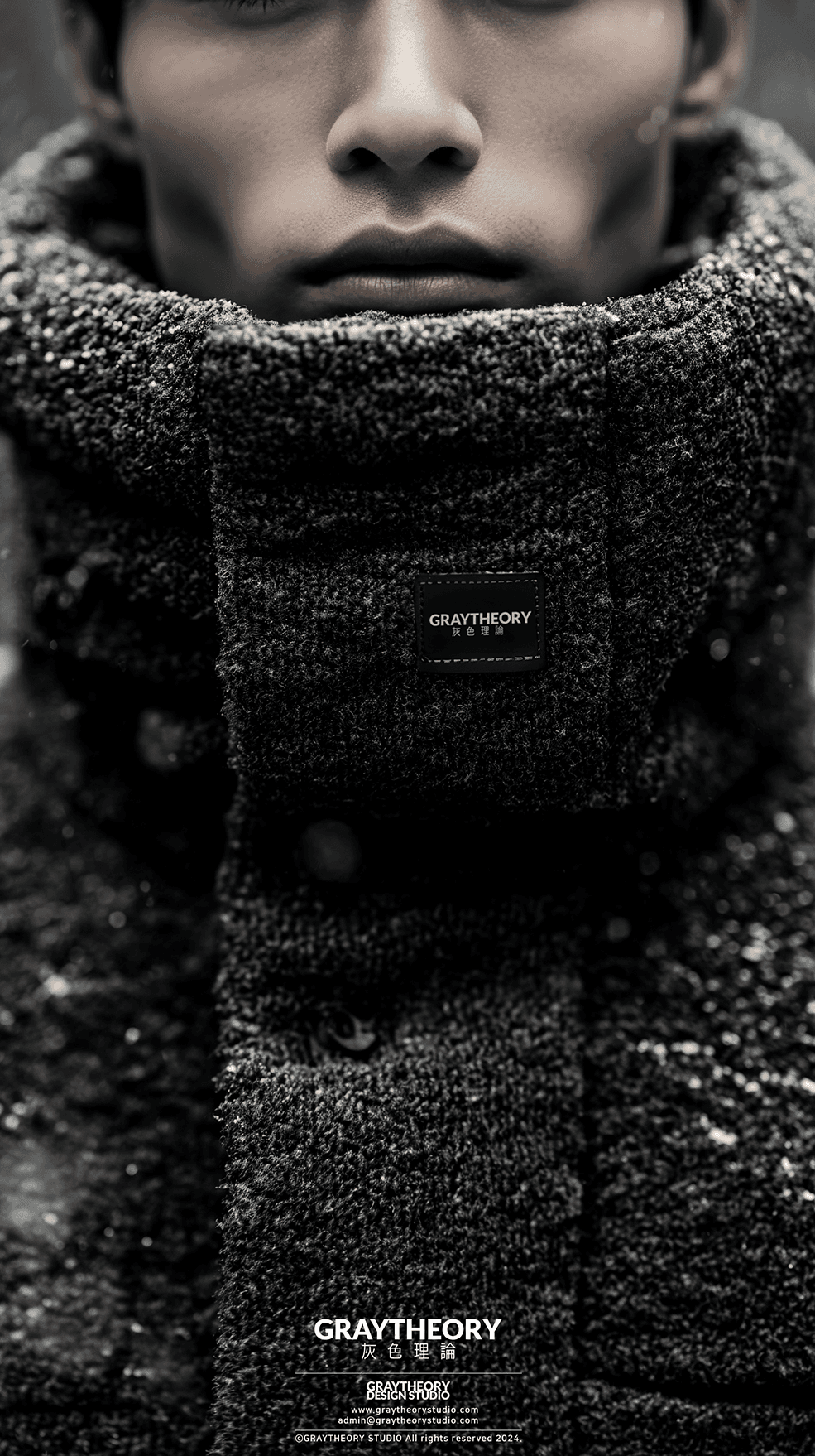 AI generated: front view, capture a turtleneck, technical materials, fabric small point label on text 'Graytheory'...