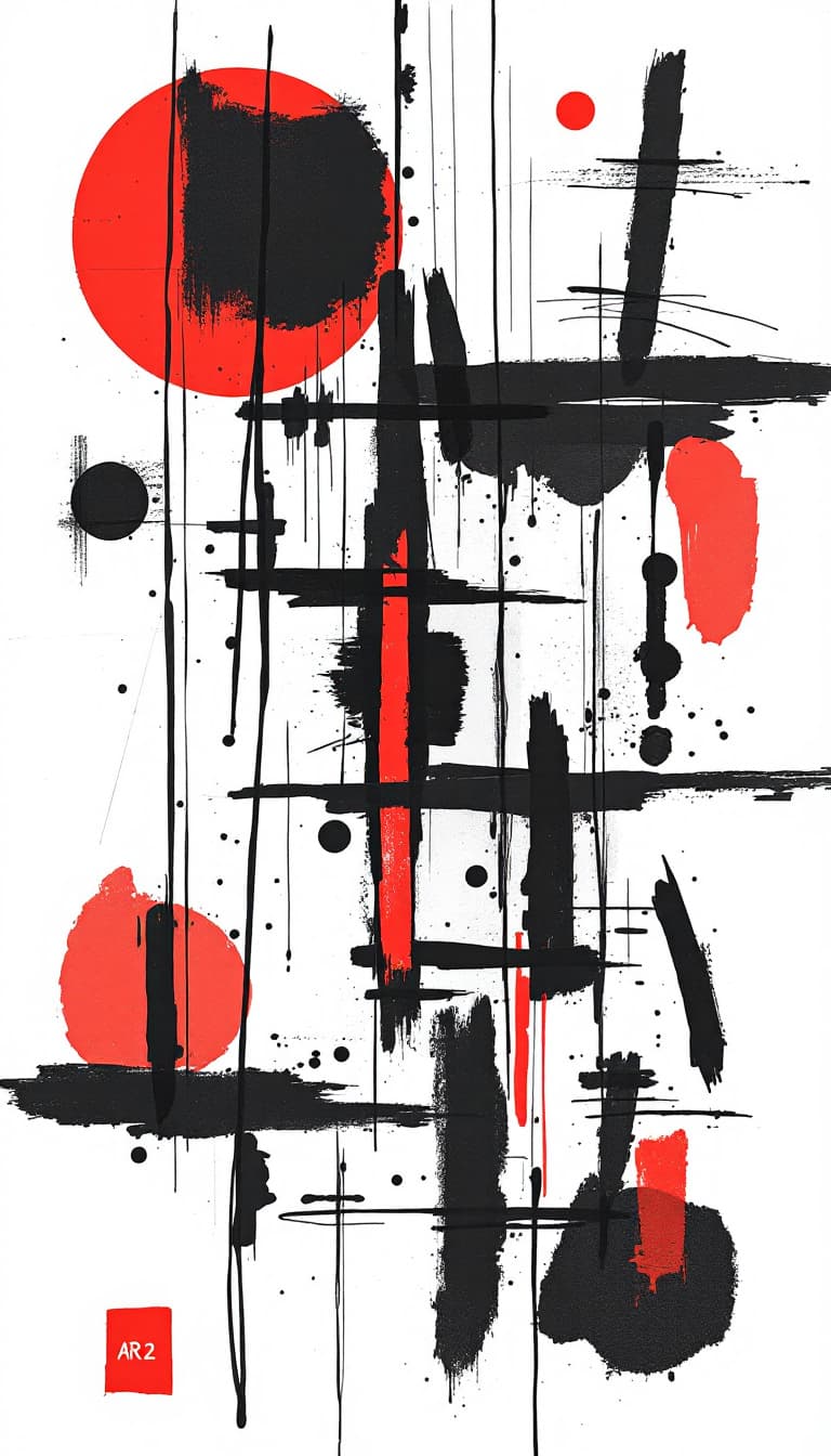 AI generated: A collage of various abstract shapes and lines, with red accents, on white paper, composition includ...