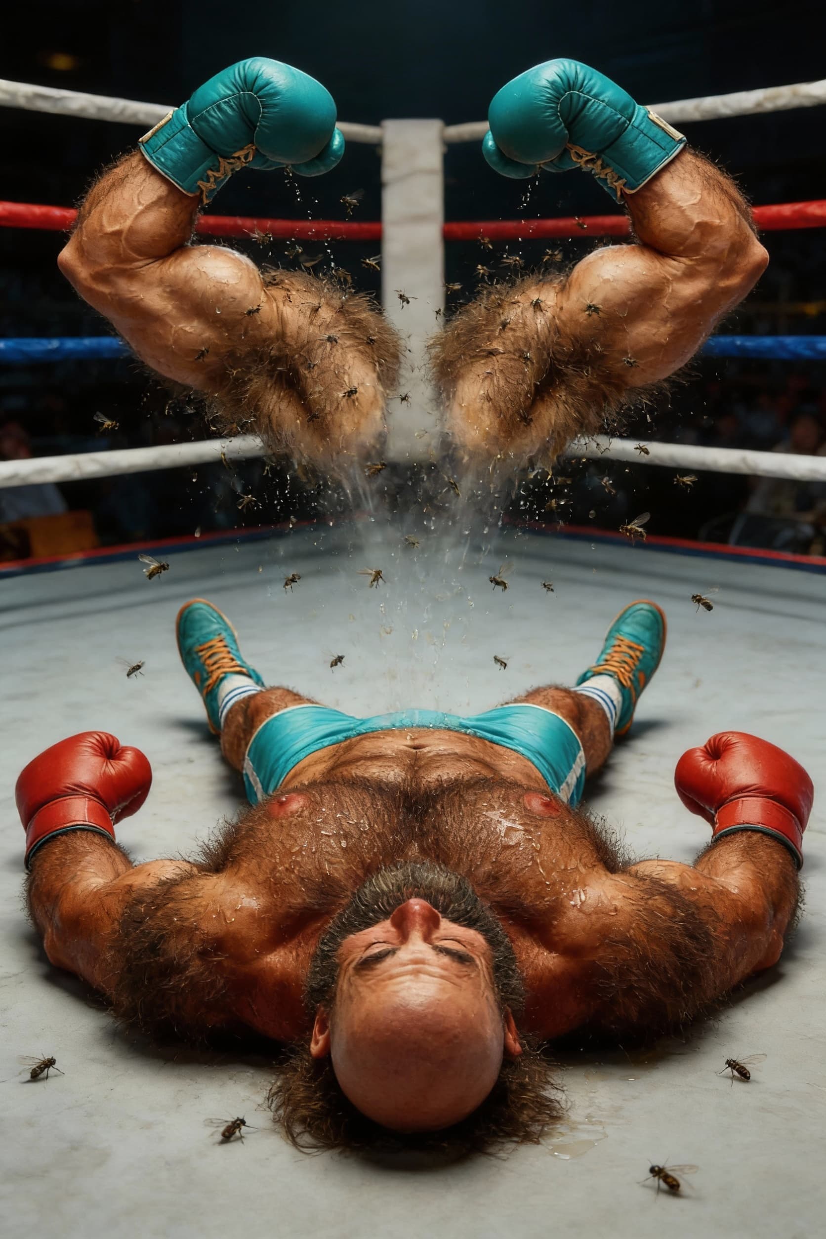 AI generated: PITS, the loser chump boxer is knocked out cold onto his hairy, sweaty back with his massive, hairy,...