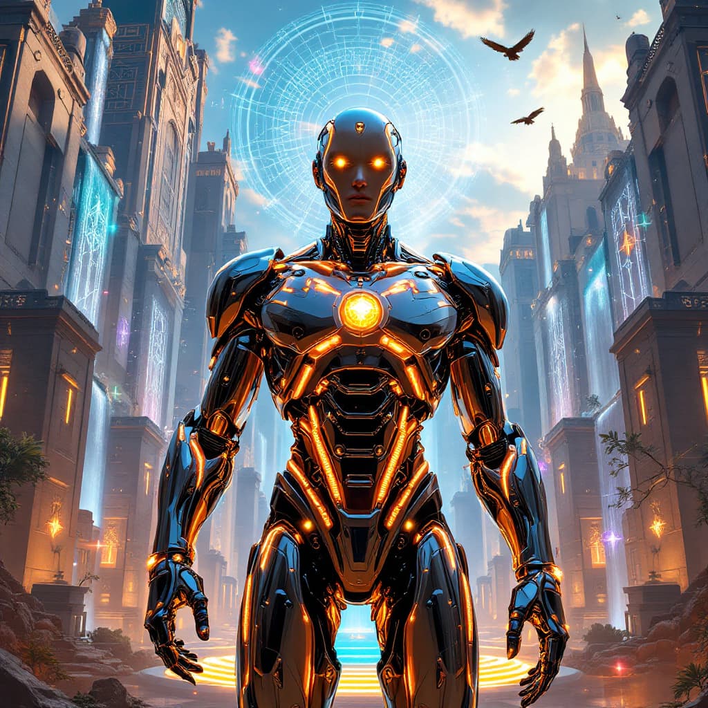 AI generated: "A cybernetically enhanced robot stands defiantly at the center of the mythical Ciudades de Tartaria...