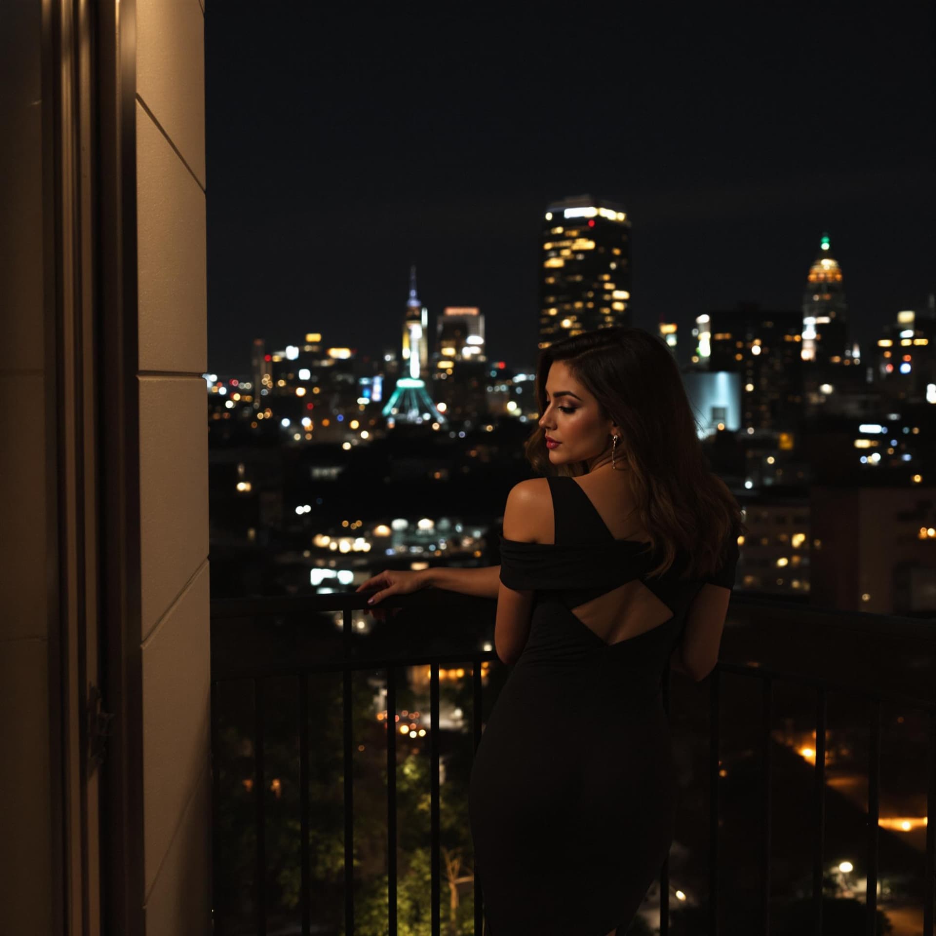 AI generated: female wearing a black dress standing on a balcony at night
