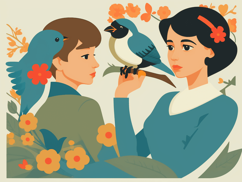 AI generated: women with flowers and birds vector art, quality and details, Tom Whalen style, --ar 1:1