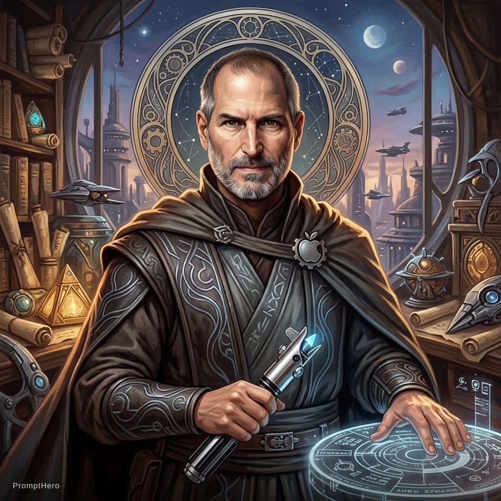 AI generated: Steve Jobs Star Wars movie character, highly detailed, digital fantasy character, painted portrait, ...
