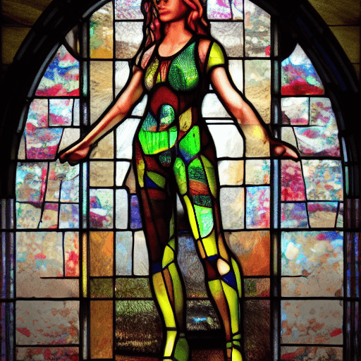 AI generated: a women made of  realistic see through staind glass  ,interact detailed volumetric lighting wide ang...