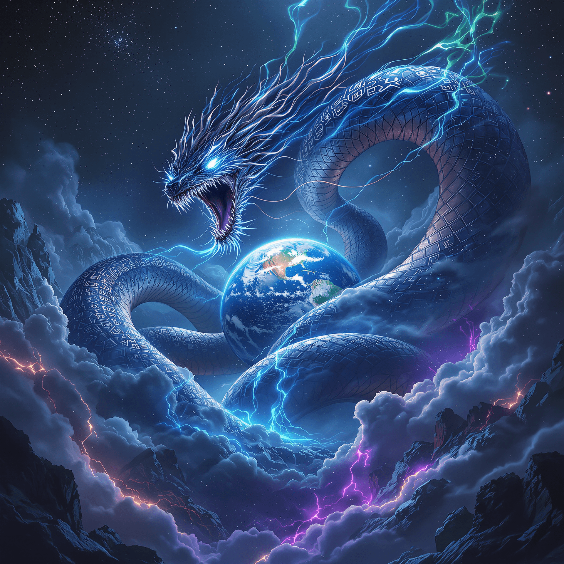 AI generated: Jörmungandr, the colossal Midgard Serpent, coiled tightly around the Earth in a scene of apocalyptic...