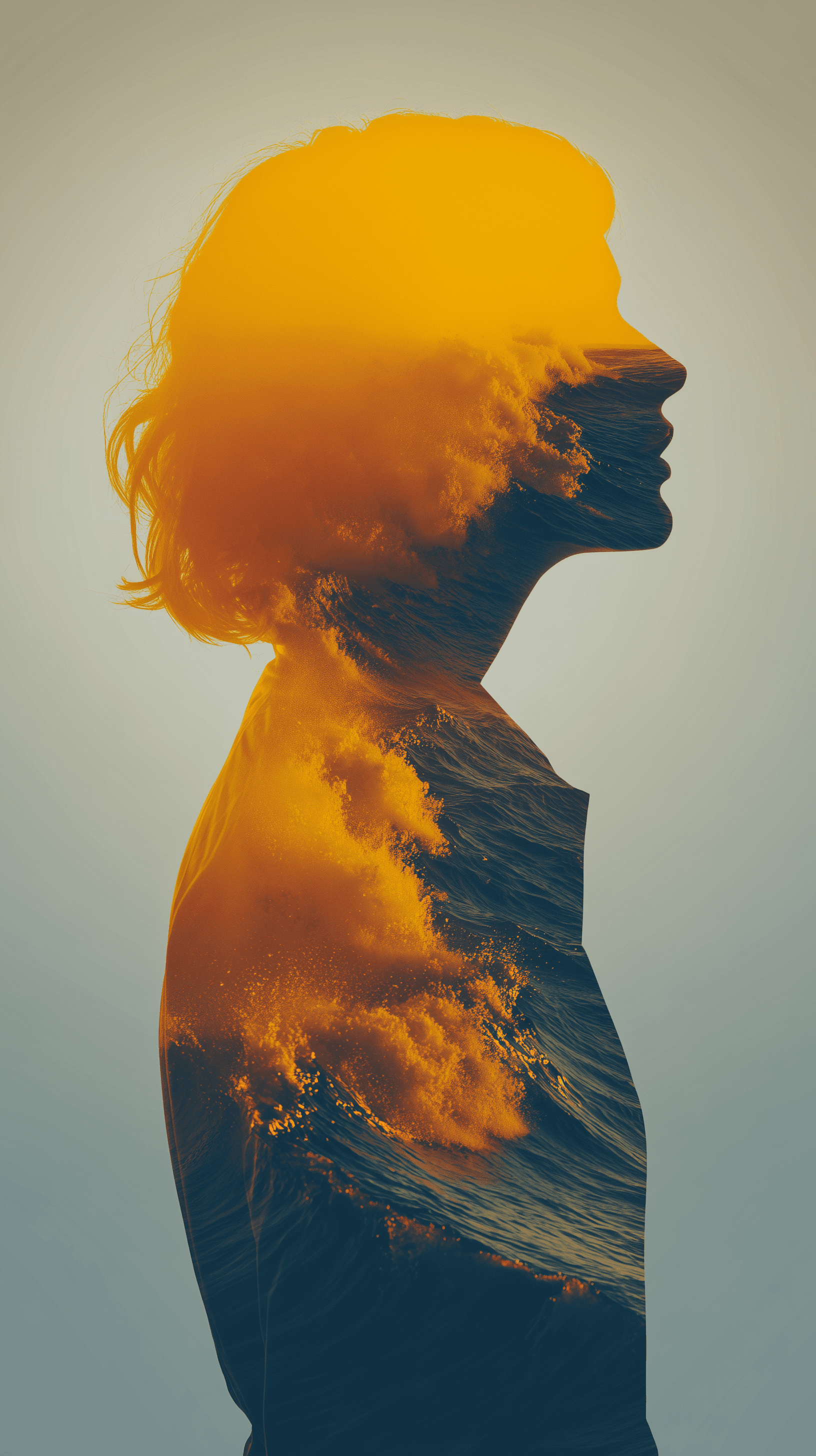 AI generated: high definition, double exposure art, side profile of woman upper body, blended with stormy ocean wa...
