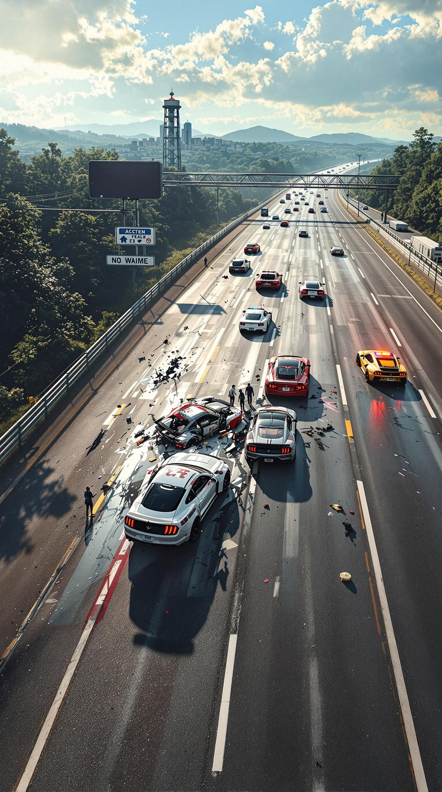 AI generated: Summer.      ACCIDENT on the highway! 2 racing cars have collided and are standing on the edge of th...