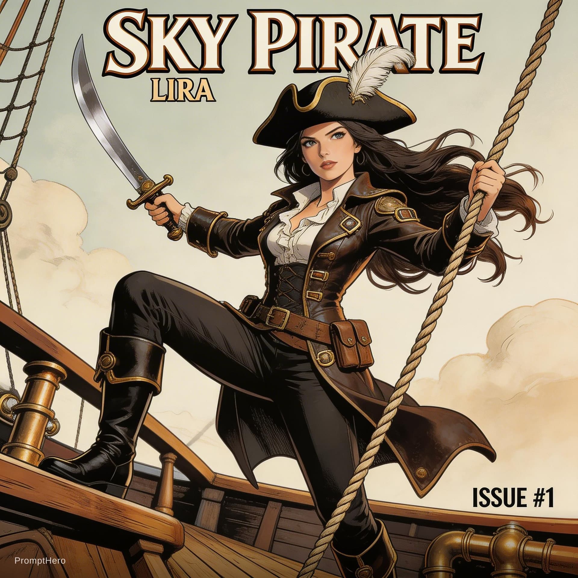 AI generated: Comic book cover illustration, full body shot 3/4 low-angle view of a young beautiful female pirate,...