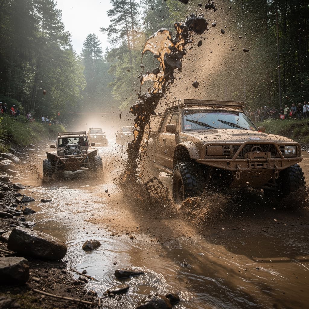 AI generated: The scene explodes with the raw, visceral, and unpredictable energy of a hardcore off-road rally, ca...