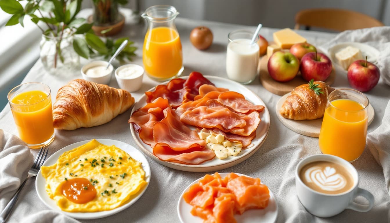 AI generated: healthy breakfast table consisting of a croissant, omelet, bacon, ham, cheese, marmalade, smoked sal...