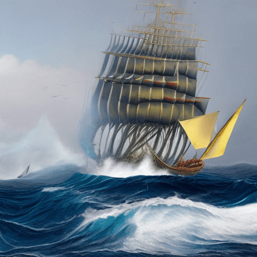 AI generated: the leader and the team members are sailing together towards the goal in one ship against the strong...