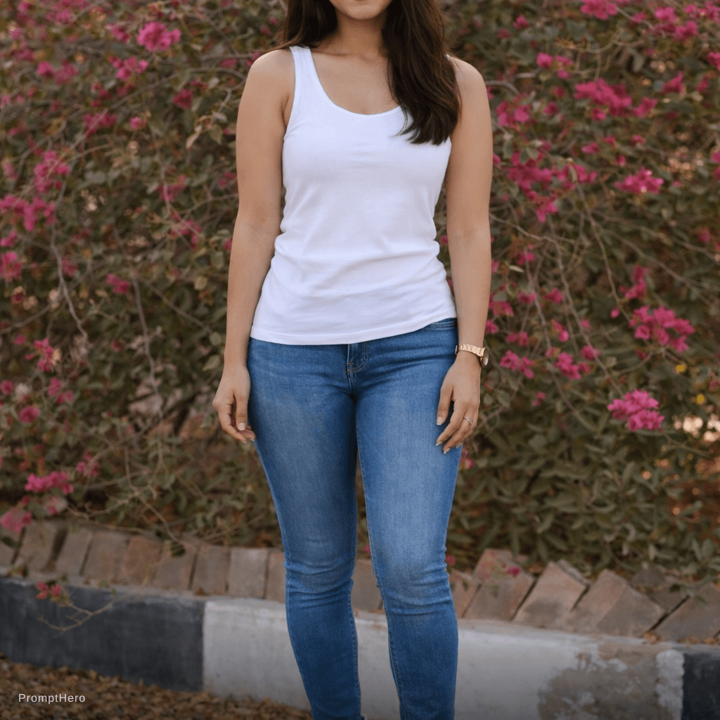 AI generated: Girl in tight jean trouser and sleeveless jersey 