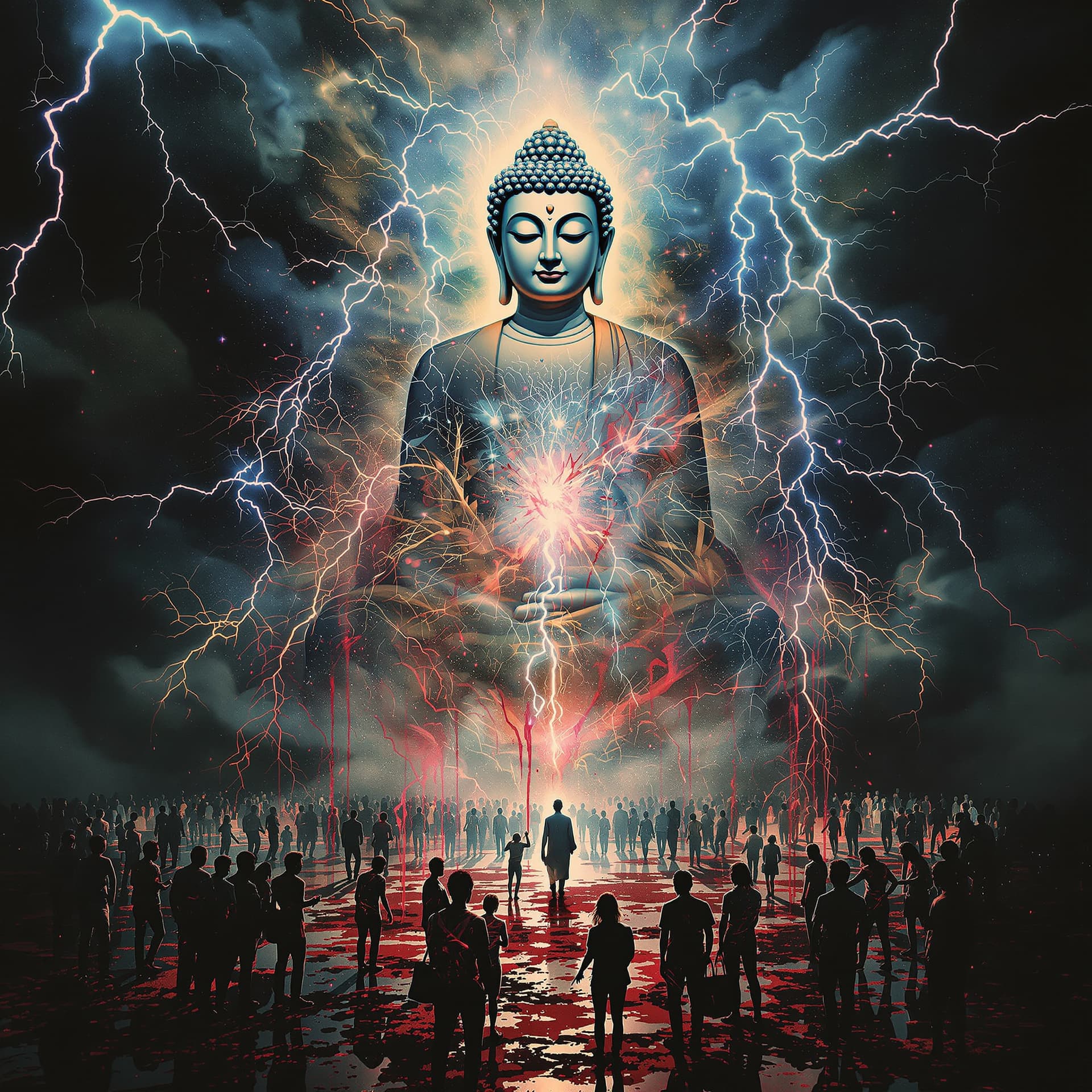 AI generated:  Psychedelic, surreal. trippy. Create an abstract, dystopian disturbing image showing the fear of ni...
