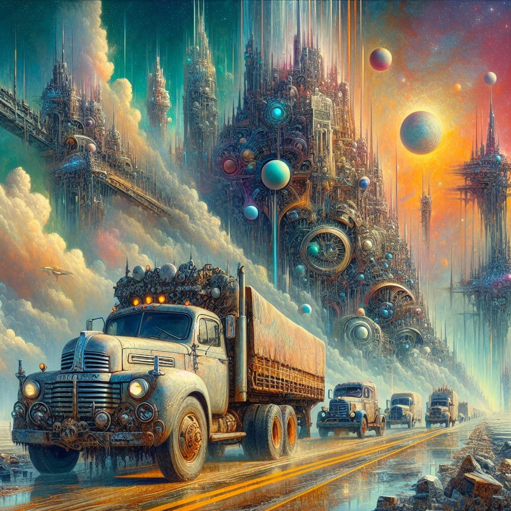 AI generated: Iceroad trucker, dieselpunk, biopunk, dreampunk, fractal art, surreal, cubistic art, painterly, styl...
