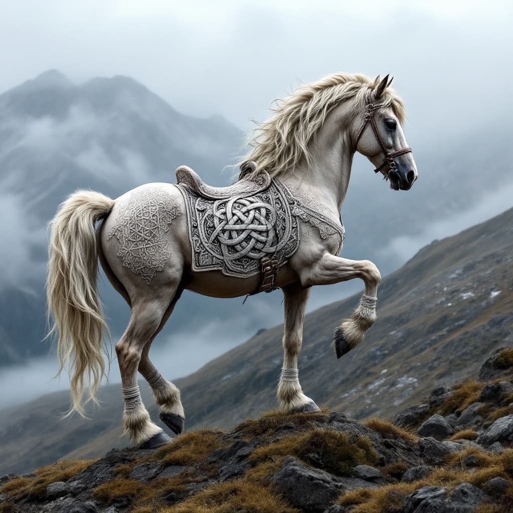 AI generated: A majestic knot with intricate horse patterns on its mane and saddle, set against a misty mountain b...