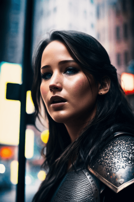AI generated: super detailed and realistic photograph of Jennifer Lawrence, (( wearing medieval armor 1, 4)), ((mo...
