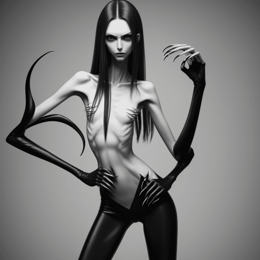 AI generated: photo of face an extremely skinny, flat-chested model with very elongated long nails,  claws placed ...