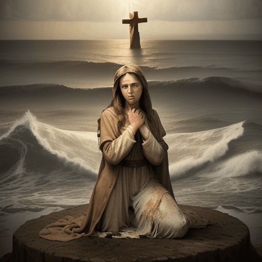 AI generated: extreme long shot, realistic vintage photography, a female dressed like Jesus Christ, heavily torn c...