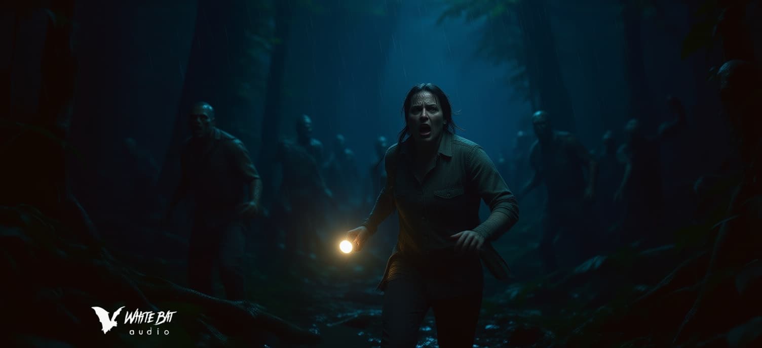 AI generated: A terrified female archaeologist running through a dense jungle at night, chased by an army of hundr...