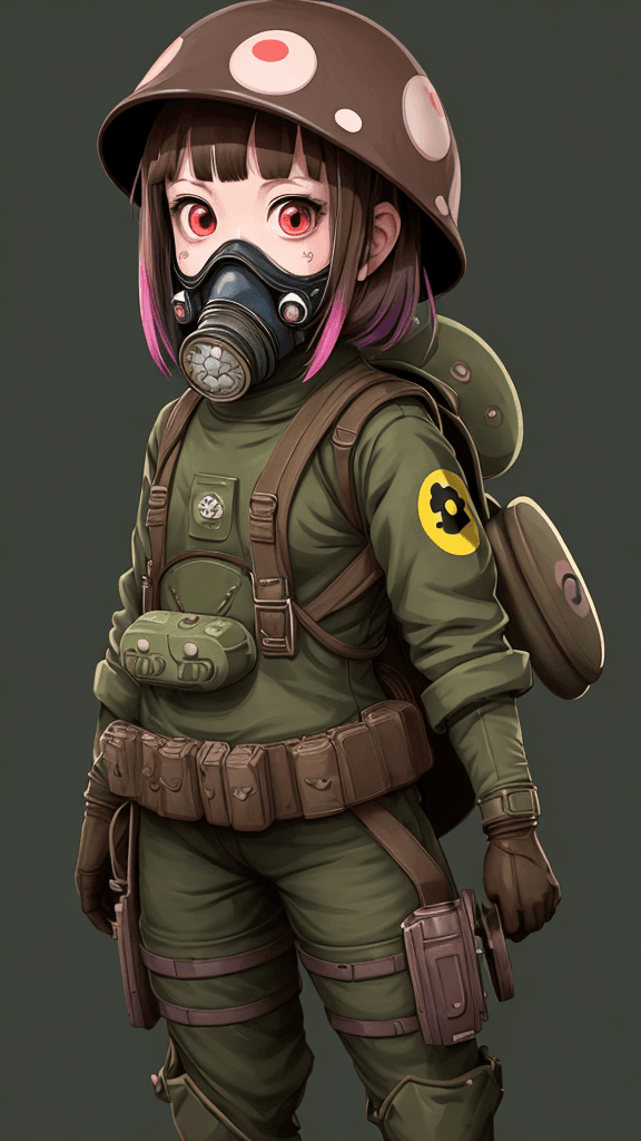 AI generated: portrait of a little mushroom girl. Wearing a gas mask. Prominent eyes, azuki illustration, anime, v...
