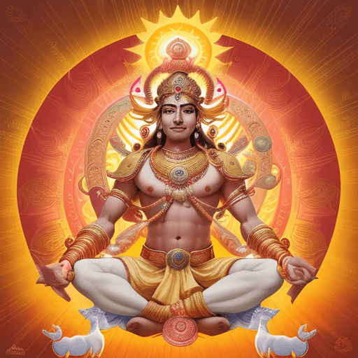 AI generated: Create a detailed, vibrant illustration of Surya, the Sun God from Hindu mythology. He is depicted s...