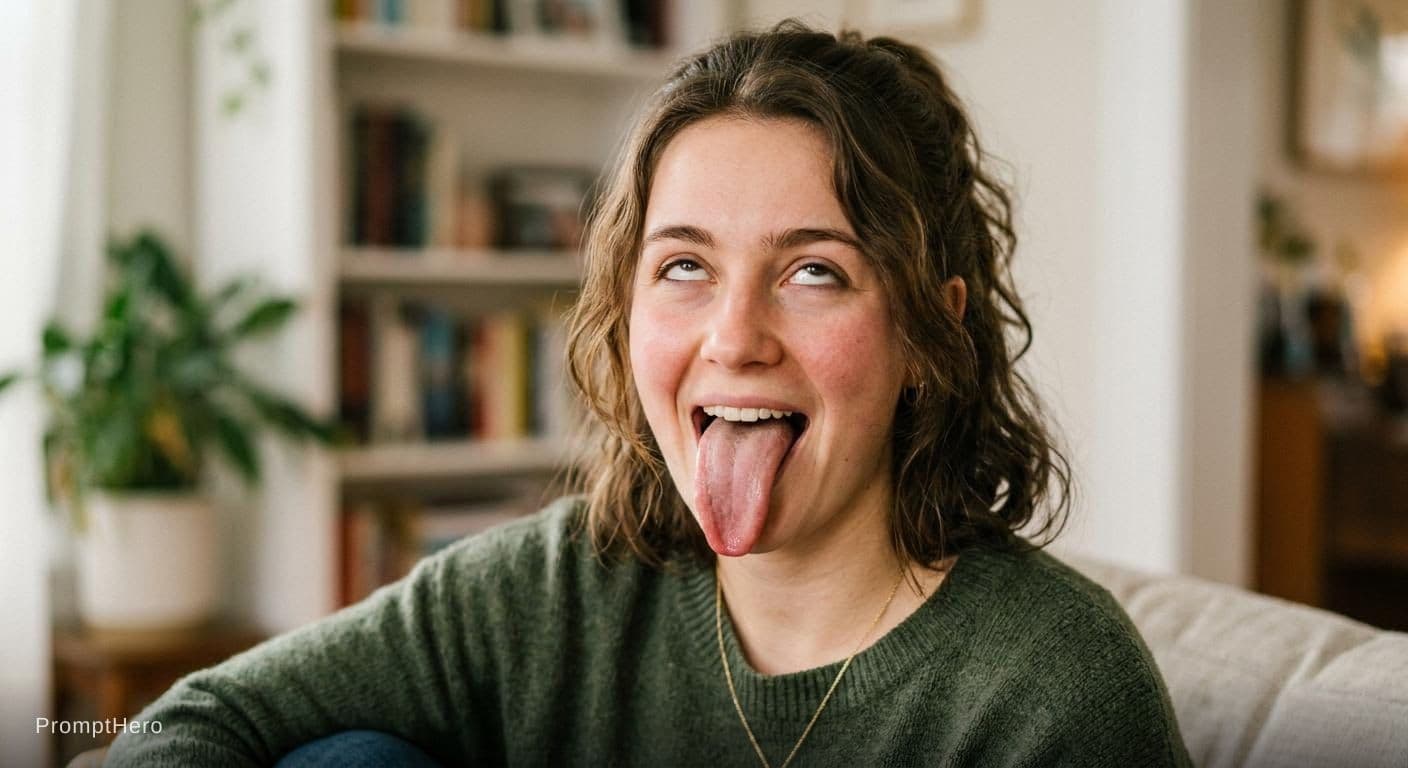 AI generated: She sticks her tongue out all the way and rolls her eyes back halfway