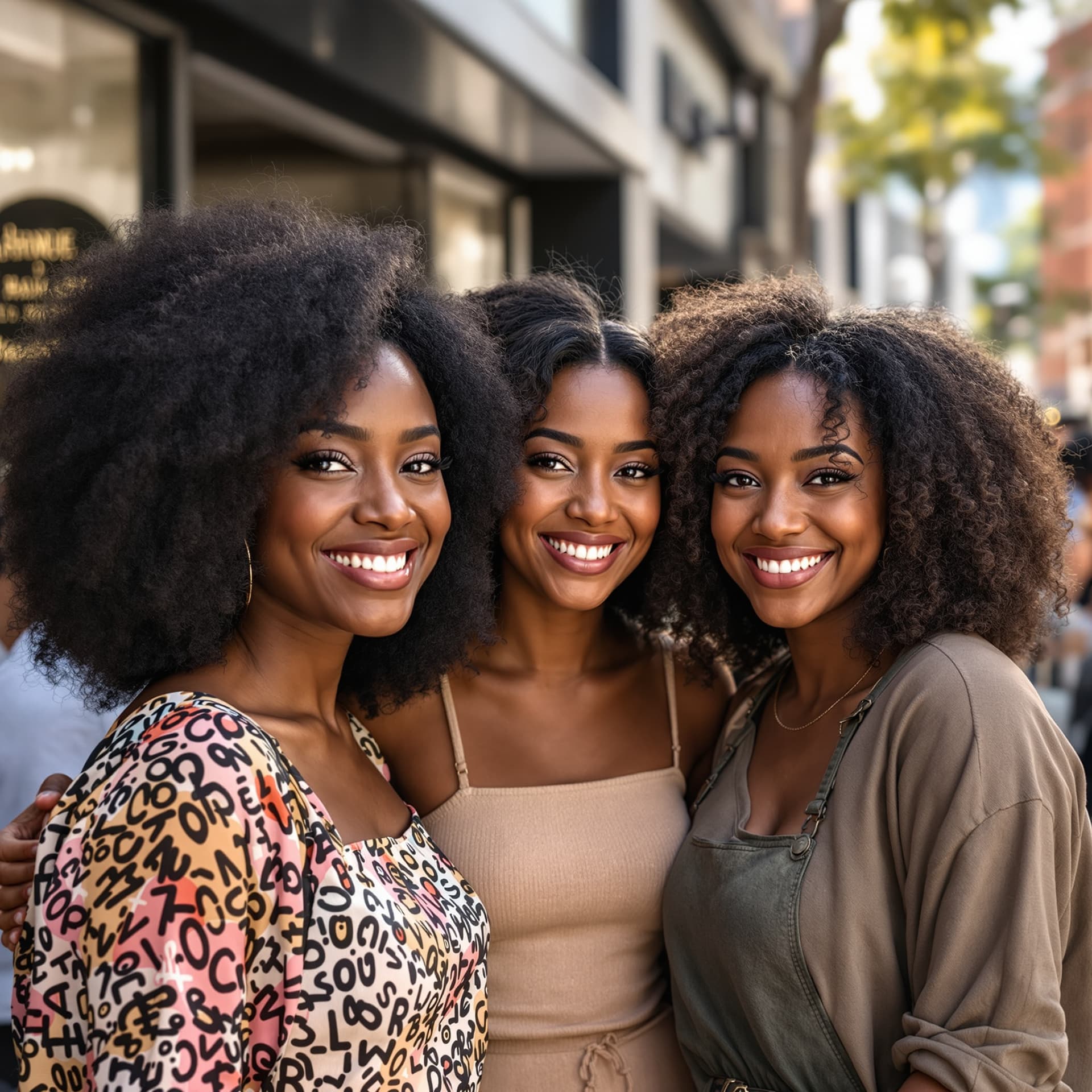 AI generated: Smiling customers with beautiful natural hair, candid lifestyle photography, outdoor urban setting w...