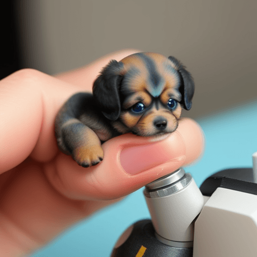 AI generated: Tiny puppy so small it has to be observed under a microscope, side view showing the microscope 