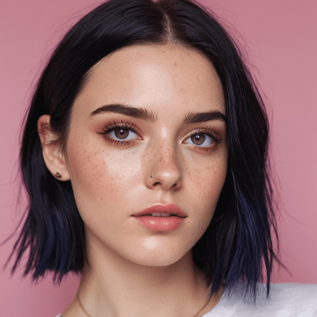 AI generated: Generate a hyper-realistic portrait of a beautiful white girl with neon black hair, light freckles, ...