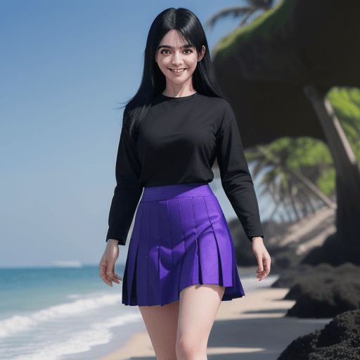 AI generated: Anime girl,beautiful, she wears black shirt and blue skirt, short height, walking around a beach, mo...