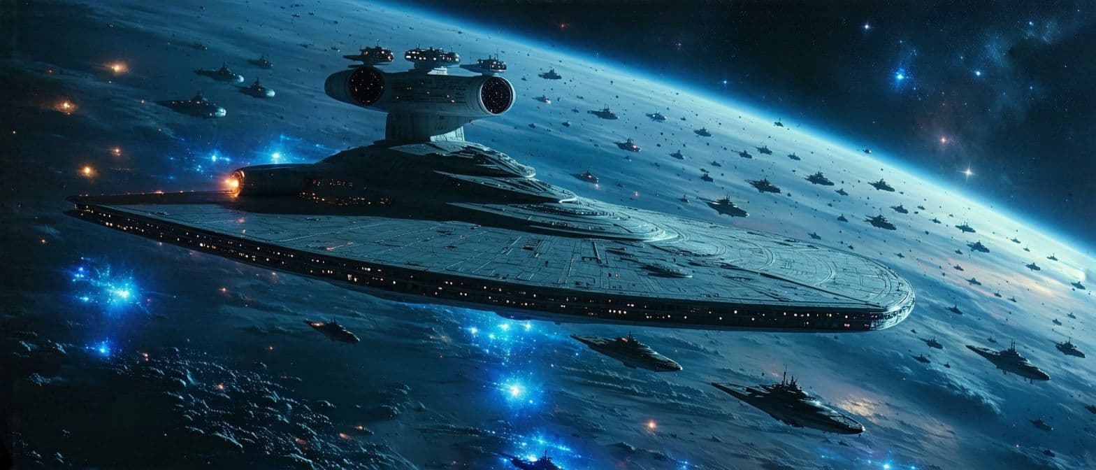 AI generated: A majestic starship, the U.S.S. Stargazer, glides smoothly into the frame, its hull illuminated by t...