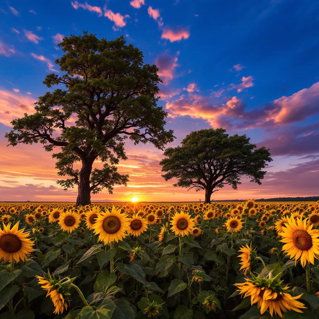 AI generated: Sunflower field with a tree at sunset