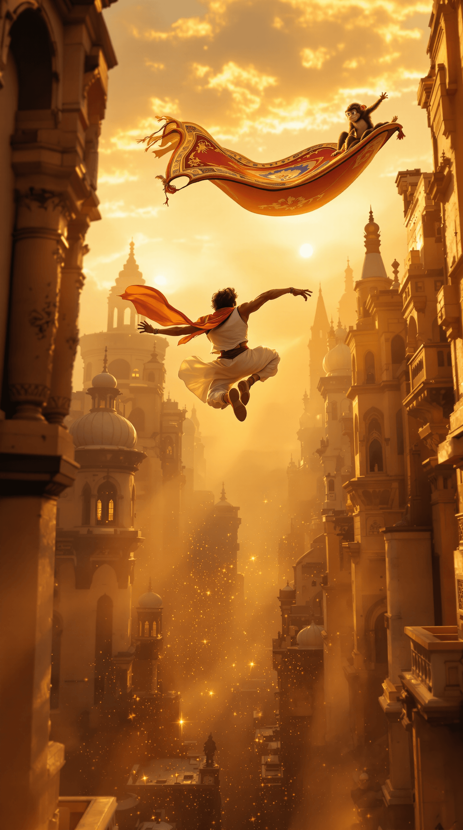 AI generated: A hyper-realistic, cinematic action shot of a real-life Aladdin performing intense parkour on the ro...
