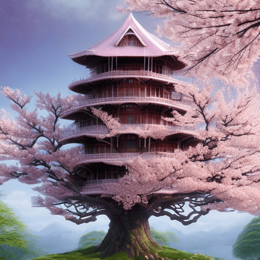 AI generated: THE CHERRY BLOSSOM TREE HOUSE :: beautiful ornate treehouse in a gigantic pink cherry blossom tree :...