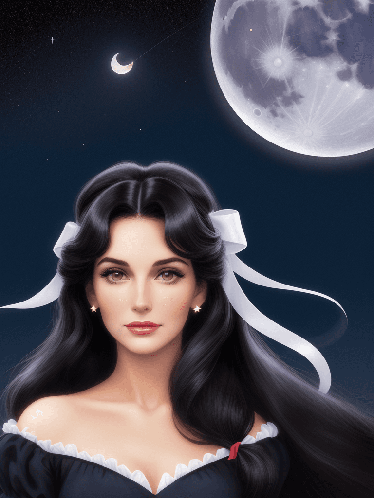 AI generated: pretty woman, face, moon, stars, cute, classic, ribbon, disney style, black long hair