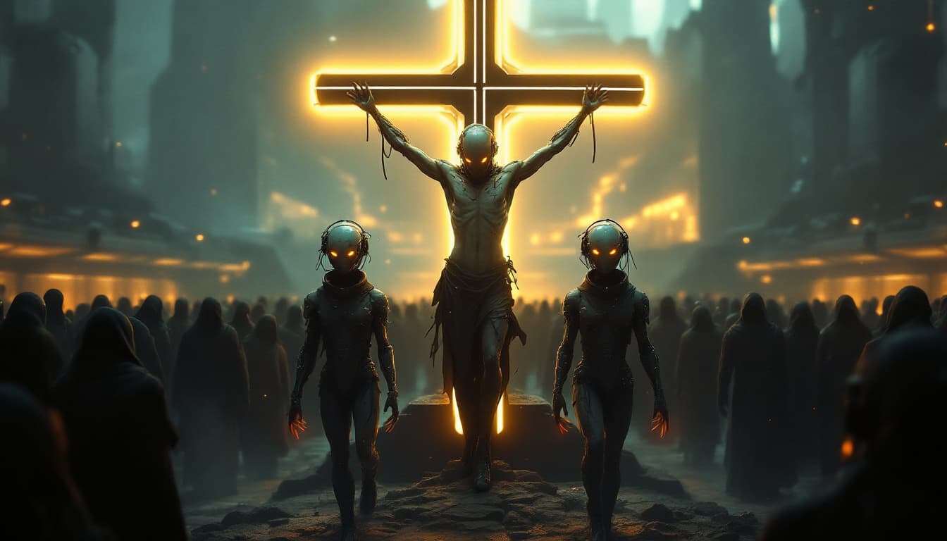 AI generated: a sci-fi scenery representing three futuristic humanoids hybrids, each with cybernetic enhancements,...
