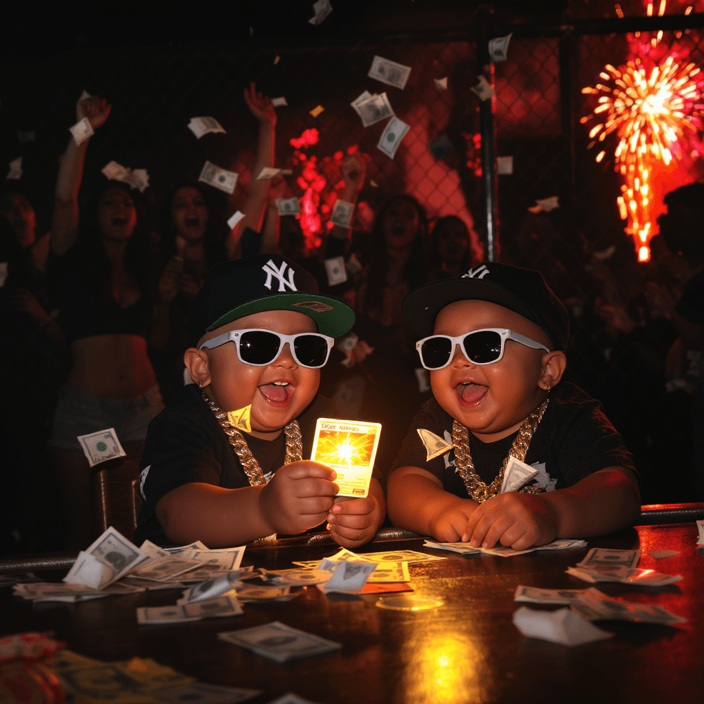 AI generated: TWO LITTLE FAT WHITE 4 YEAR OLD BABYBOYS WITH SUNGLASSES  SITTING ON THE TABLE, FULL OF JOY, LAUGHIN...